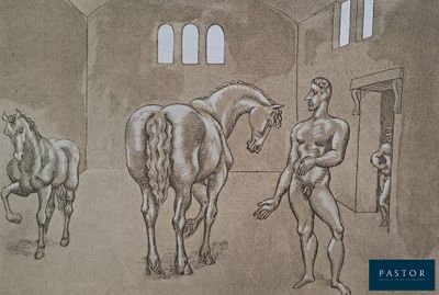 un dessin représentant un homme et deux chevaux dans une écurie
