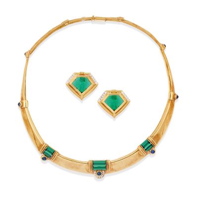an emerald and diamond necklace and earring set