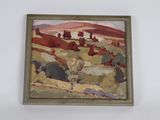 an oil painting of a landscape with trees and hills in the background