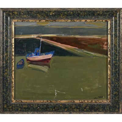 une peinture à l'huile représentant un bateau sur l'eau dans un champ