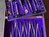 many different types of scissors in a purple box