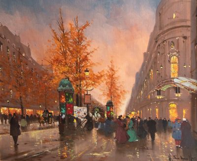 une peinture de personnes marchant dans la rue sous la pluie