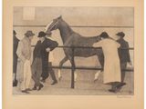 dessin représentant un cheval mené par un homme dans une écurie