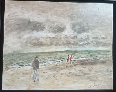 un tableau représentant des personnes marchant sur la plage au bord de l'eau