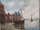 a painting of a harbor scene with boats in the water