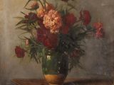 painting of a vase of flowers on a table in front of a wall