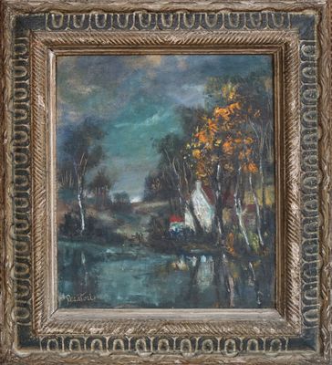 une peinture à l'huile représentant une scène fluviale avec un parapluie rouge
