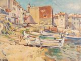 a painting of boats on the shore of a town