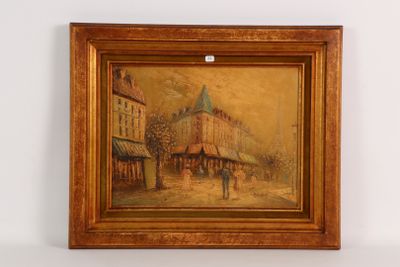 une peinture à l'huile d'une scène de rue avec une voiture à cheval