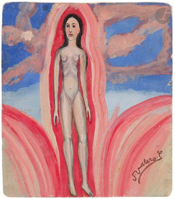 une image représentant un tableau où l'on voit une femme debout au milieu d'une fleur rose