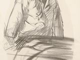 dessin représentant un vieil homme assis sur un banc, coiffé d'un chapeau