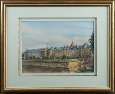 an image of a painting of a castle with a bridge in front of it