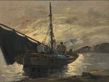 a painting of a boat on the water with people on it