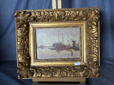 an oil painting of a ship on a easel with a blue background