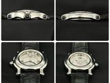 four different shots of a wrist watch with a black leather strap