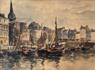 a painting of boats in a harbor with buildings in the background