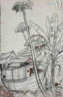 dessin représentant un bateau sur un plan d'eau, près d'un palmier