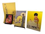 three pictures of a man and a woman on display