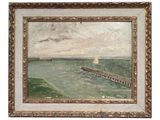an image of a painting of a pier with a boat in the water