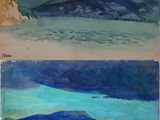 two paintings of mountains and a body of water