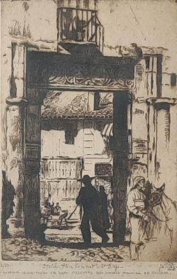 drawing of a man and woman standing in front of a doorway