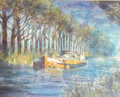 a painting of a boat on the water in the woods