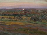an oil painting of a landscape with trees in the foreground and a distant sky in the background