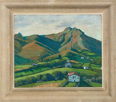une peinture à l'huile d'un paysage avec une montagne en arrière-plan
