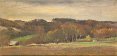 tableau représentant un champ avec des arbres et une grange au loin
