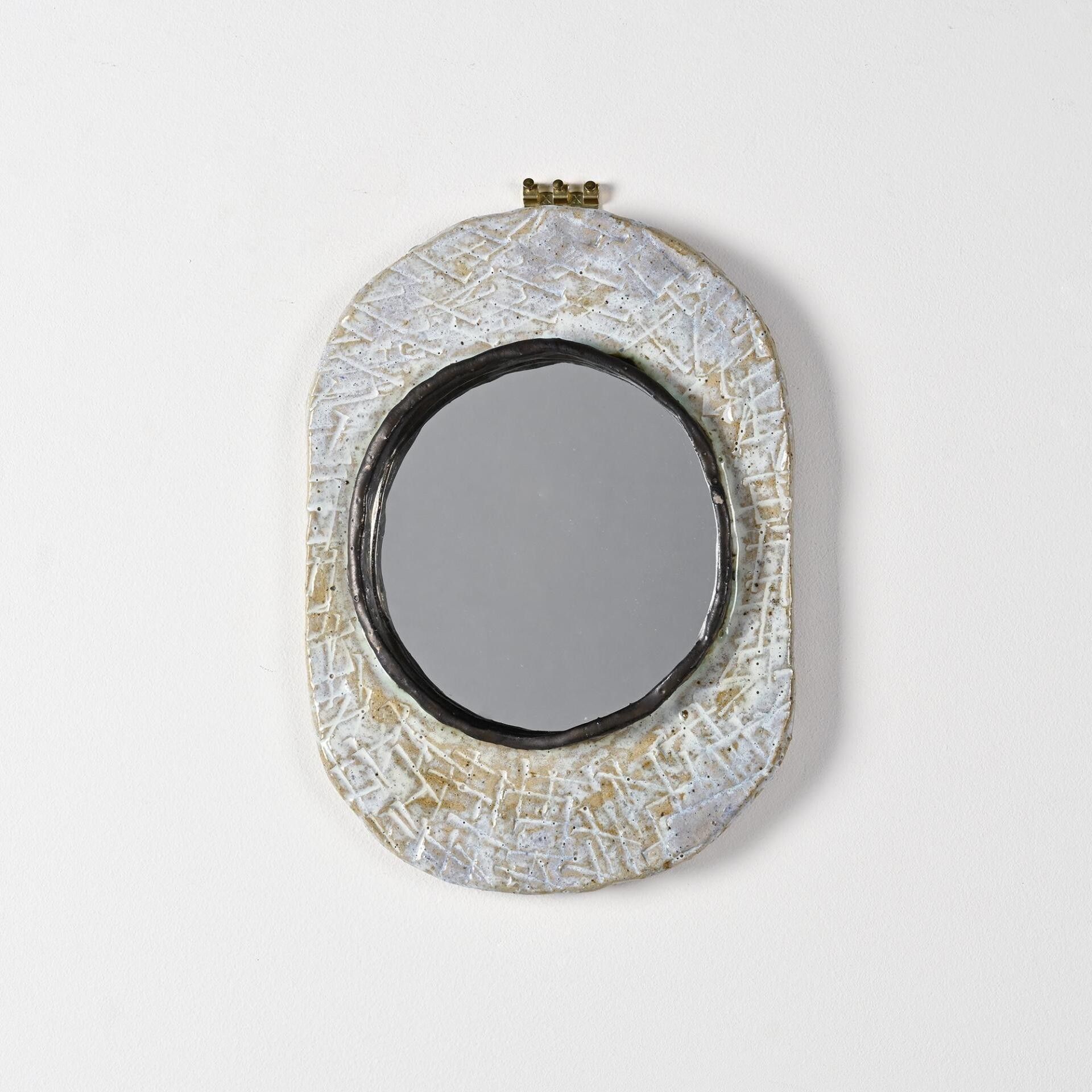 Jean-Pierre VIOT Miroir mural circulaire en grès émaillé crème - 1970