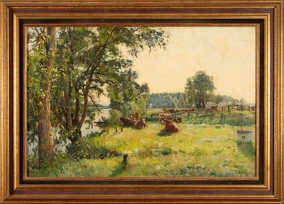 an oil painting of cows grazing in a field by a river