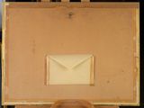 painting of an envelope in a box on a easel in a room
