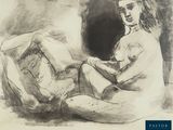 a black and white drawing of a woman sitting on a bed