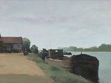 a painting of a boat on the shore of a lake