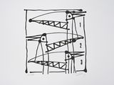a black and white drawing of a group of cranes