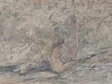 drawing of a man sitting on the ground with a guitar in front of him