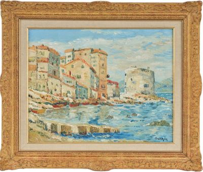 un tableau représentant une vieille ville au bord de l'eau