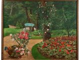 un tableau représentant un jardin avec des fleurs et un banc