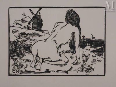 un dessin à l'encre représentant une femme nue assise par terre