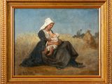 un tableau représentant une femme tenant un bébé dans un champ