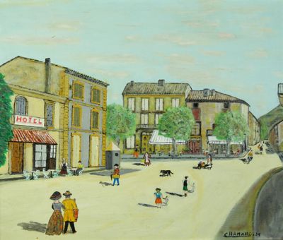 M.CHAMAND (école contemporaine). Scène de ville. Huile sur c…