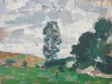 une peinture à l'huile représentant deux arbres dans un champ, avec le ciel en arrière-plan
