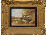 a painting of a group of chickens in a field with a barn in the background
