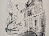 an ink drawing of a building with a clock tower on top of it