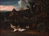 a painting of a painting of a man and two dogs