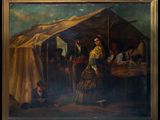an oil painting of a man and a woman in front of a tent