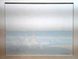 a picture of a painting of people riding horses on the beach