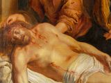 a painting of jesus laying on the cross with a woman nearby