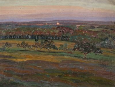 an oil painting of a landscape with trees in the foreground and a distant sky in the background