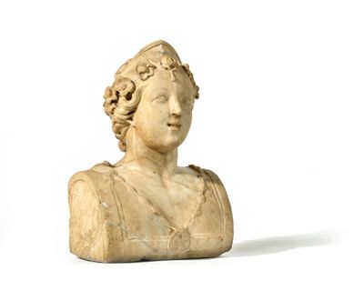 marble bust of a woman with curly hair on a white background